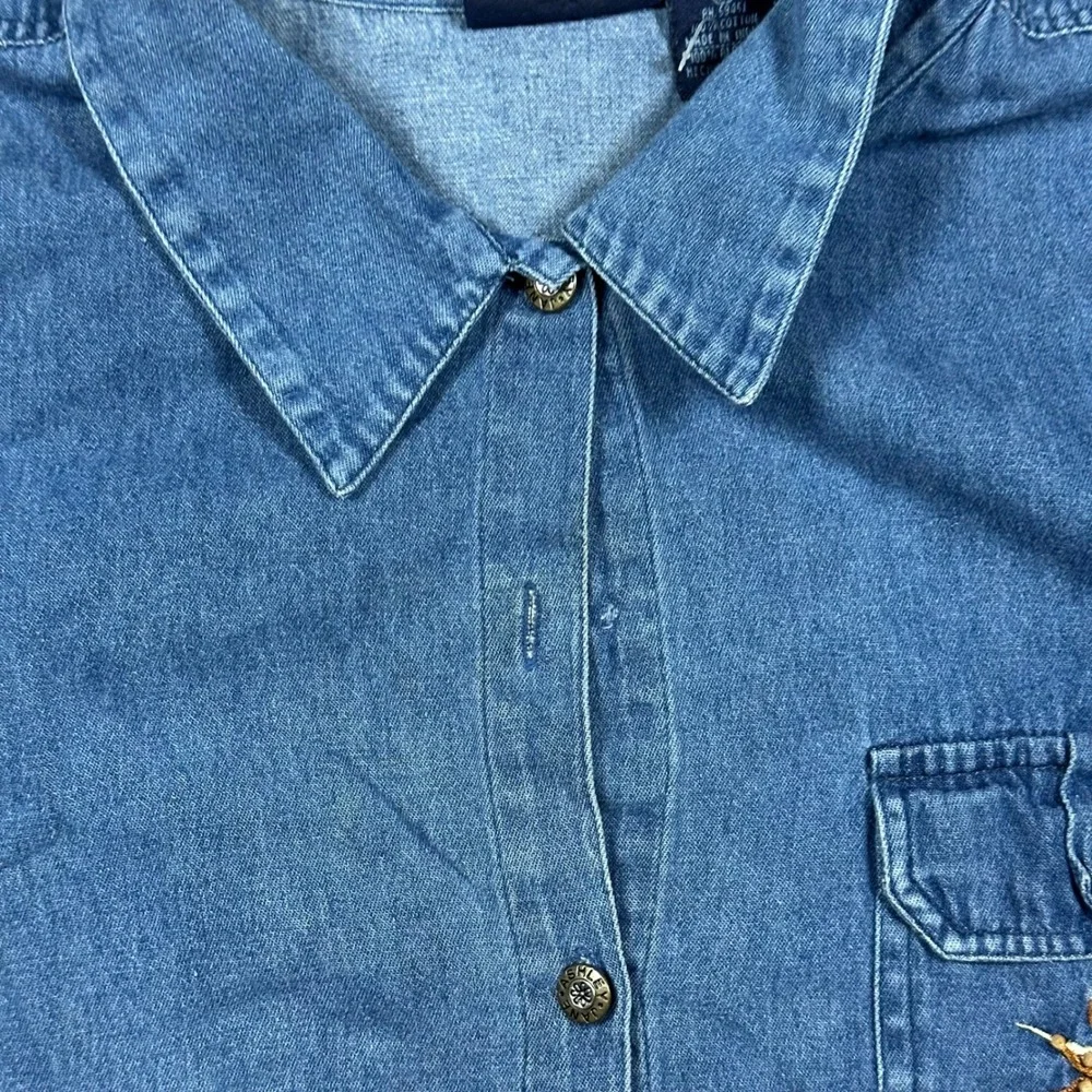 Jane Ashley 1X Blue Denim Safari Zebra Palm Tree Embroidered Cottagecore Top - Picture 7 of 11